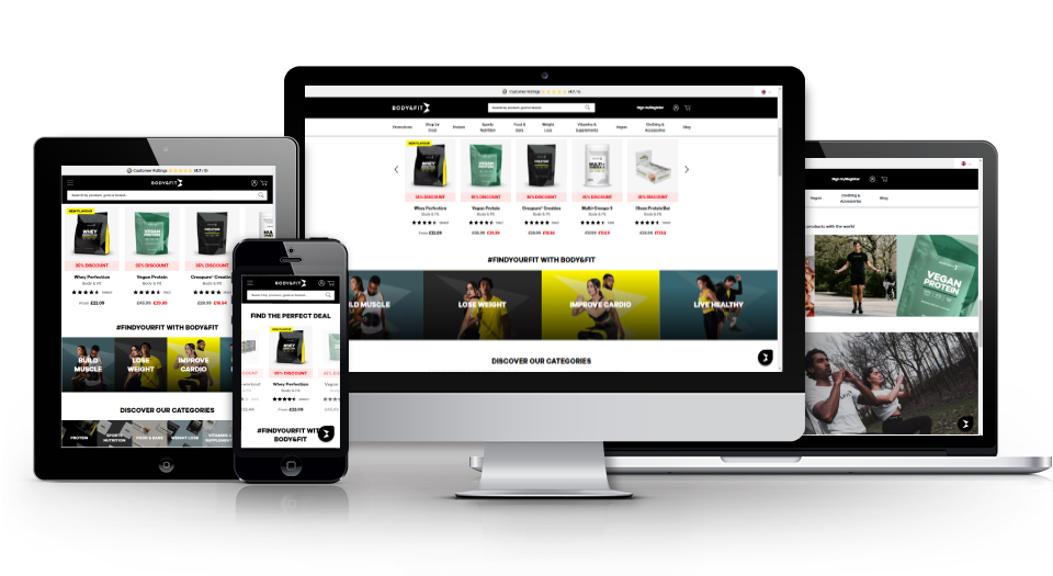 Body & Fit website shown across Desktop, Laptop, Tablet and Mobile screens.