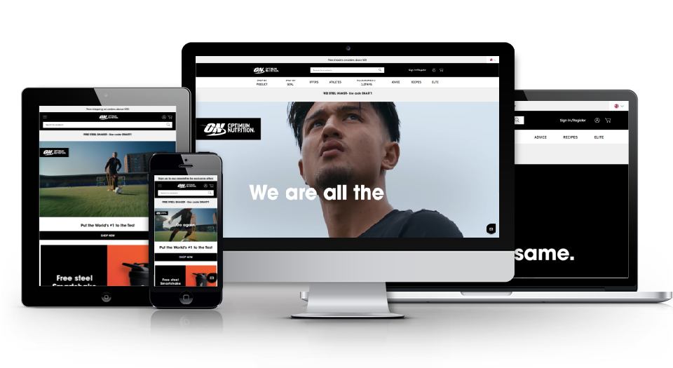 Optimum Nutrition website shown across Desktop, Laptop, Tablet and Mobile screens.
